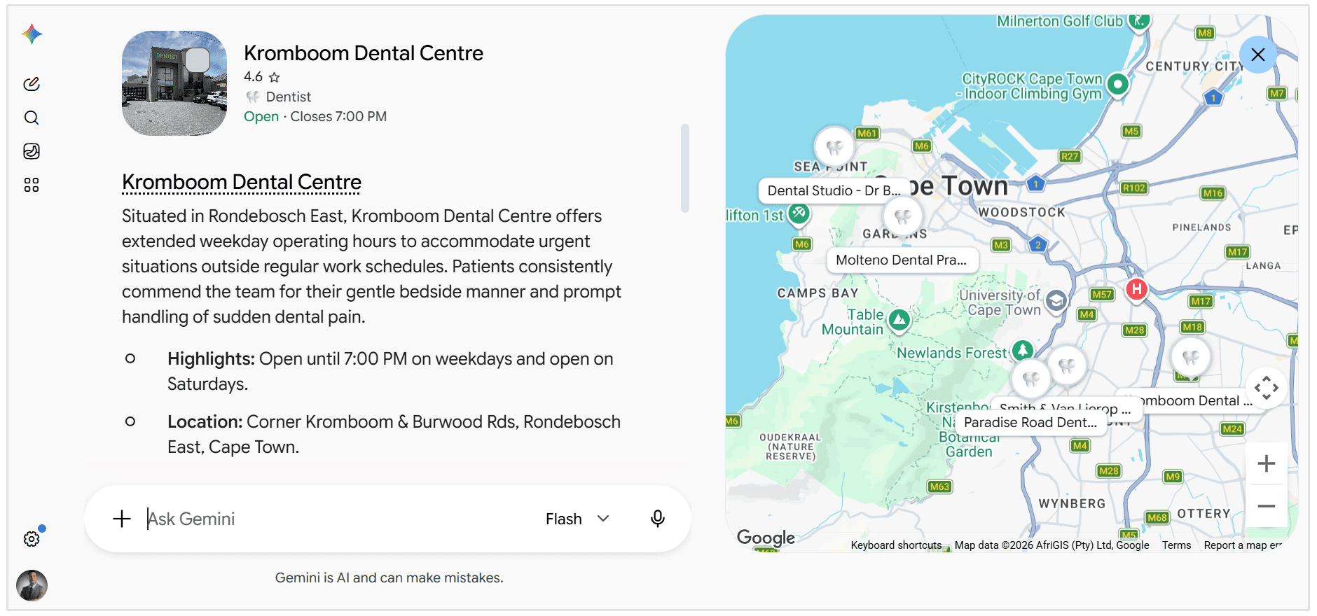 Gemini response for best dentist in Cape Town